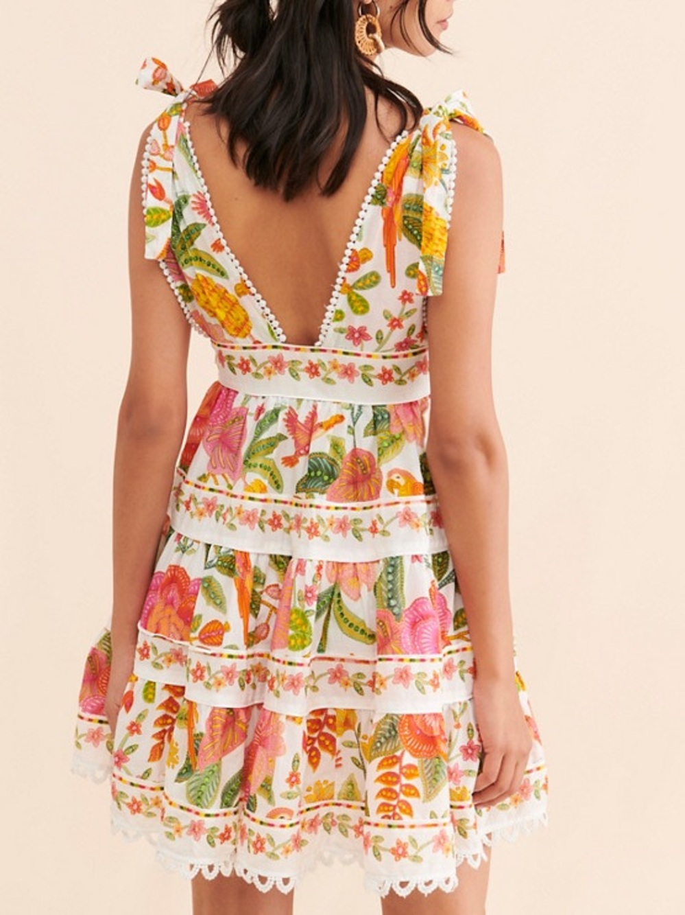 FARM Rio Macaw Bloom Tie-Strap Tiered Floral Print Mini Dress Size M - Picture 10 of 12